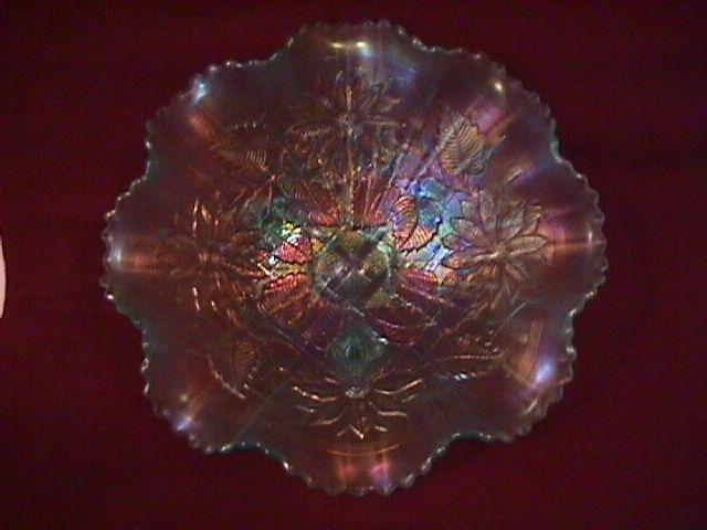 Northwoods Carnival Glass (Poinsettia & Lattice) Bowl-Ice Blue