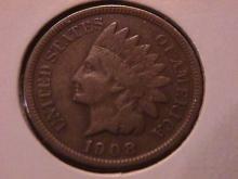 Indian Head Copper 1 Cent 1908-S Extremely Fine #40 Condition