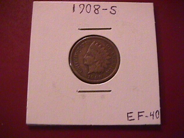 Indian Head Copper 1 Cent 1908-S Extremely Fine #40 Condition