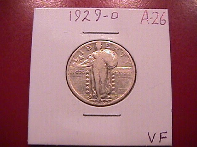 Standing Liberty Silver Quarter 1929-D Very Fine Condition
