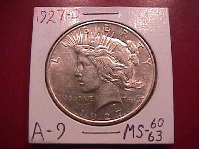 Peace Type Silver Dollar 1927-D Mint State 60/63 Condition
