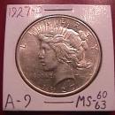 Peace Type Silver Dollar 1927-D Mint State 60/63 Condition