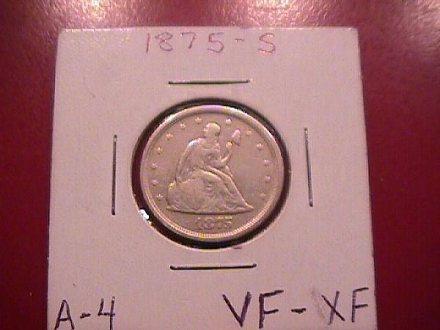 Liberty Seated Silver Twenty Cent Piece 1875-S Very Fine to Extremely Fine Condition