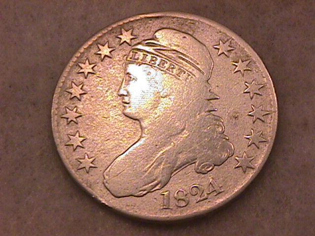 Capped Bust Silver Half Dollar Coin, 1824, Very Good to Fine Condition