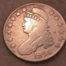 Capped Bust Silver Half Dollar Coin, 1824, Very Good to Fine Condition