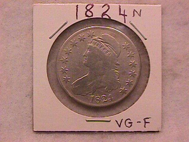 Capped Bust Silver Half Dollar Coin, 1824, Very Good to Fine Condition