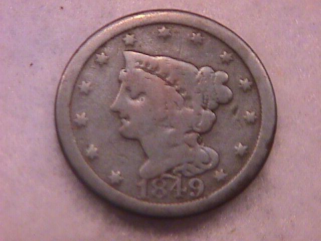 Half Cent Copper Coin Braided Hair-1849 Good To Very Good Condition