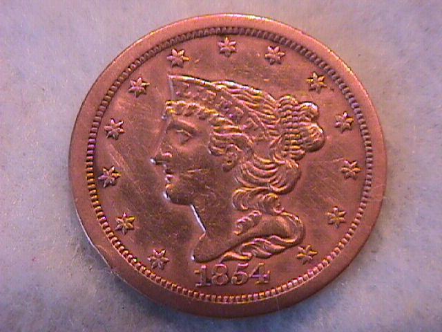 Half Cent Copper Coin Braided Hair 1854 Extremely Fine To Almost Uncirculated Condition