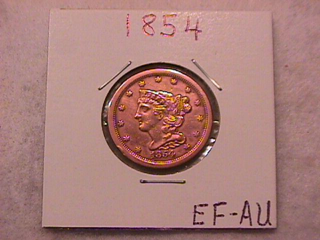 Half Cent Copper Coin Braided Hair 1854 Extremely Fine To Almost Uncirculated Condition
