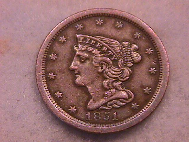 Braided Hair Half Cent Coin 1851 Extremely Fine to Almost Uncirculated Condition