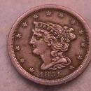 Braided Hair Half Cent Coin 1851 Extremely Fine to Almost Uncirculated Condition