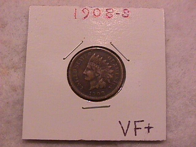 Indian Head Penny Copper Coin 1908-S Very Fine Plus Condition