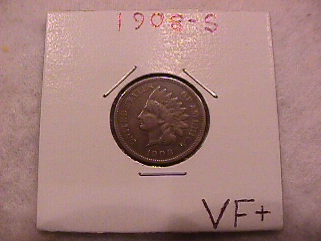 Indian Head Penny Copper Coin 1908-S Very Fine Plus Condition