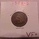 Indian Head Penny Copper Coin 1908-S Very Fine Plus Condition