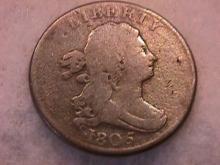 Draped Bust Half Cent Coin 1805 Fine Plus to Very Fine Condition