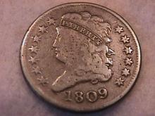 Classic Head Half Cent Coin 1809 Very Fine Plus Details-See Description