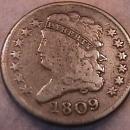 Classic Head Half Cent Coin 1809 Very Fine Plus Details-See Description