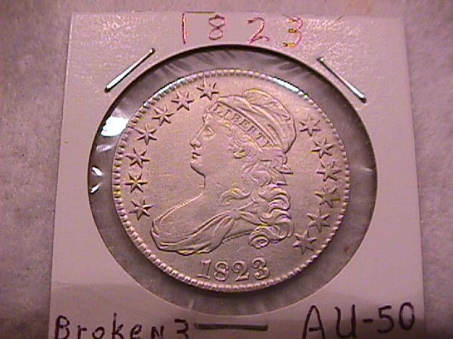 Capped Bust Half Dollar Coin 1823 Broken 3 High Grade= Almost Uncirculated