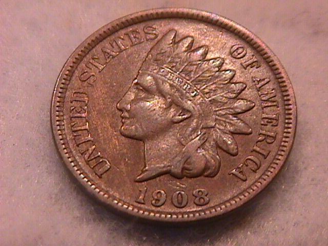 Indian Head One Cent Copper coin 1908-S Extremely Fine condition
