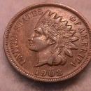 Indian Head One Cent Copper coin 1908-S Extremely Fine condition