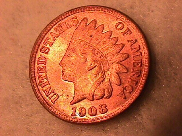 INDIAN HEAD One Cent Copper Coin 1908-S UNCIRCULATED Condition.