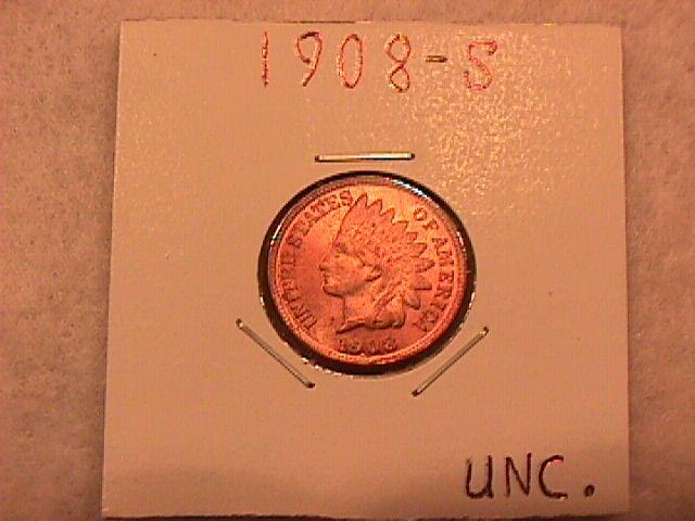INDIAN HEAD One Cent Copper Coin 1908-S UNCIRCULATED Condition.