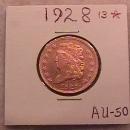 Classic Head Copper Half Cent 1828 13-Star Almost Uncirculated Condition