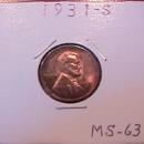 Lincoln Cent Copper 1931-S Mint State 63/64 Condition