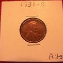 Lincoln Penny Copper 1931-S Almost Uncirculated 50 Condition