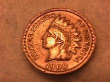 INDIAN HEAD Copper ONE CENT 1908-S Fine Condition