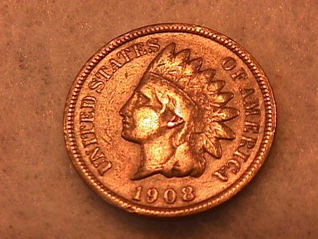 INDIAN HEAD Copper ONE CENT 1908-S Fine Condition