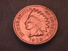 INDIAN HEAD Copper ONE CENT 1908-S Very Fine Condition