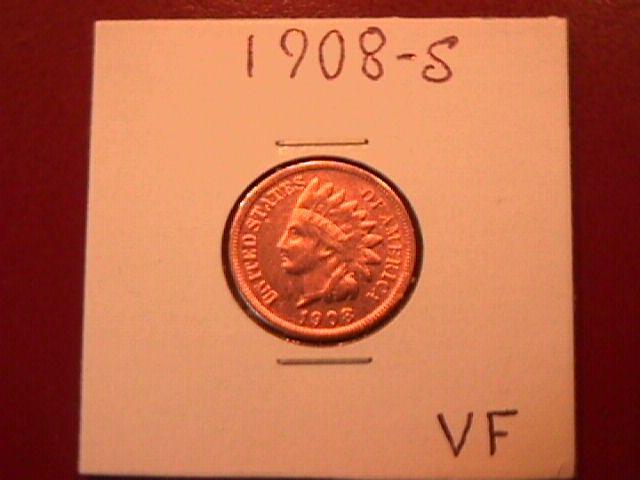 INDIAN HEAD Copper ONE CENT 1908-S Very Fine Condition