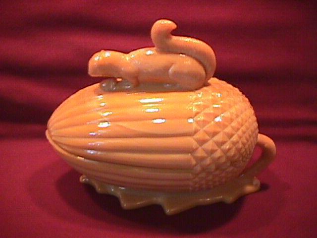 Caramel Slag Glass (Squirrel on Acorn) Covered Dish