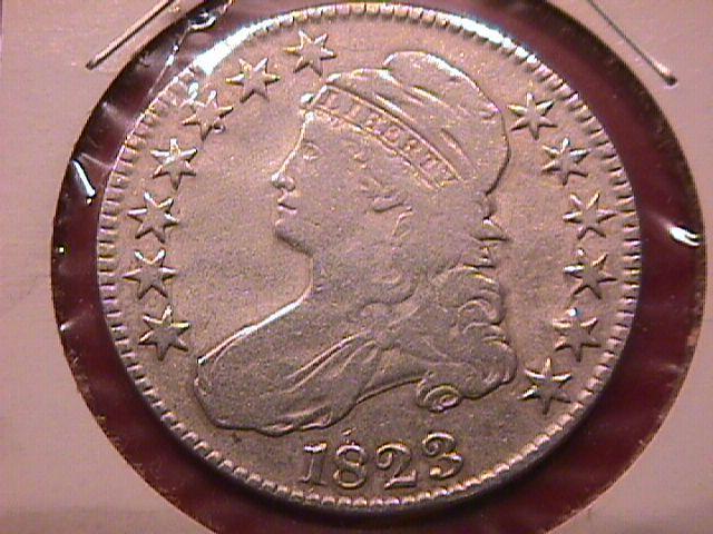 CAPPED BUST LIBERTY SILVER HALF DOLLAR 1823 BROKEN 3 CHOICE VERY FINE