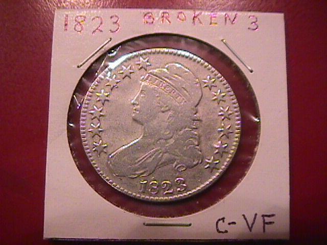 CAPPED BUST LIBERTY SILVER HALF DOLLAR 1823 BROKEN 3 CHOICE VERY FINE