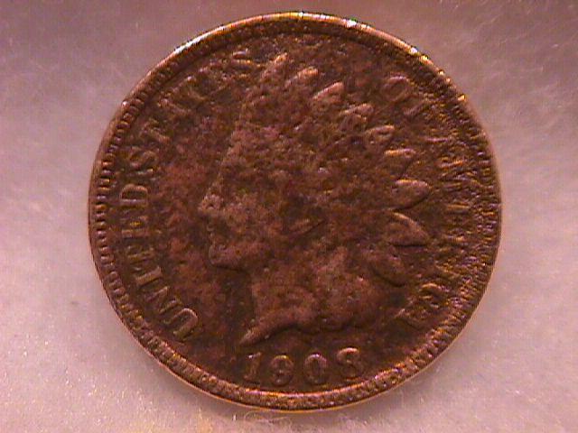 INDIAN HEAD COPPER ONE CENT 1908-S VERY GOOD DETAIL ,PITTED
