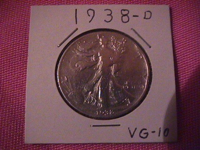 1938-D LIBERTY WALKING SILVER HALF DOLLAR VERY GOOD # 10 GRADING