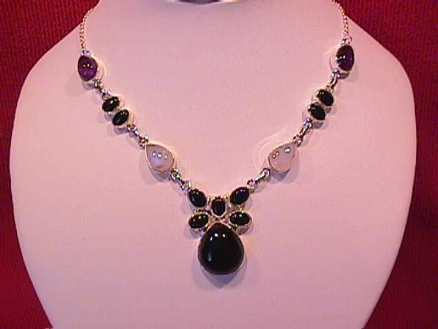 Onyx, Moonstone & Amethyst, Sterling Necklace