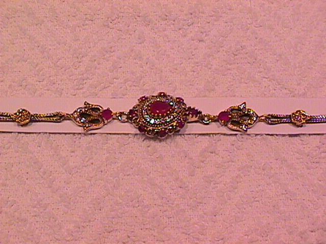 Faux Ruby Pear Shape, & Very Detailed Stone & Sterling Bracelet