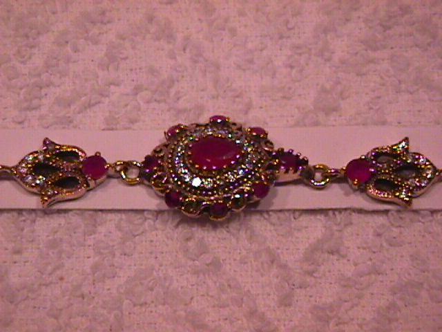 Faux Ruby Pear Shape, & Very Detailed Stone & Sterling Bracelet