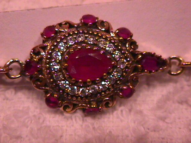 Faux Ruby Pear Shape, & Very Detailed Stone & Sterling Bracelet