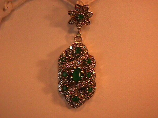 Gorgeous Faux Emerald & Diamond-Sterling Pendant