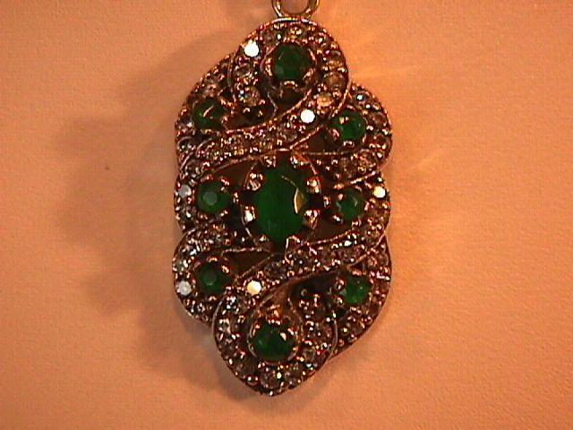 Gorgeous Faux Emerald & Diamond-Sterling Pendant
