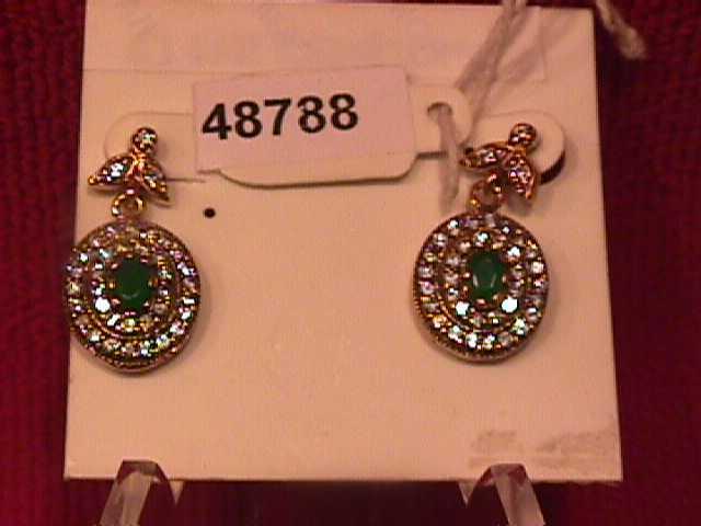 Oval Faux Emerald & Diamond Earrings-Sterling