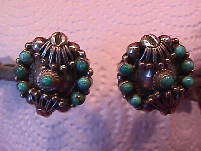 Sterling and Turquoise (Squash Blossom) Earrings=Screw Back