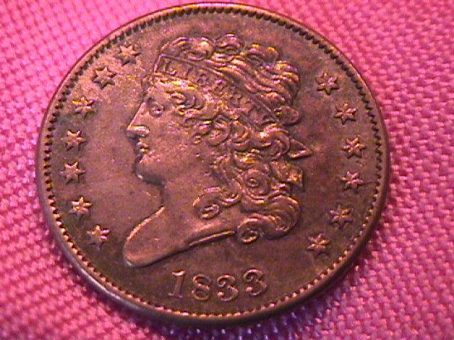 HALF CENT COPPER COIN Classic Head-1833 AU-50 Condition