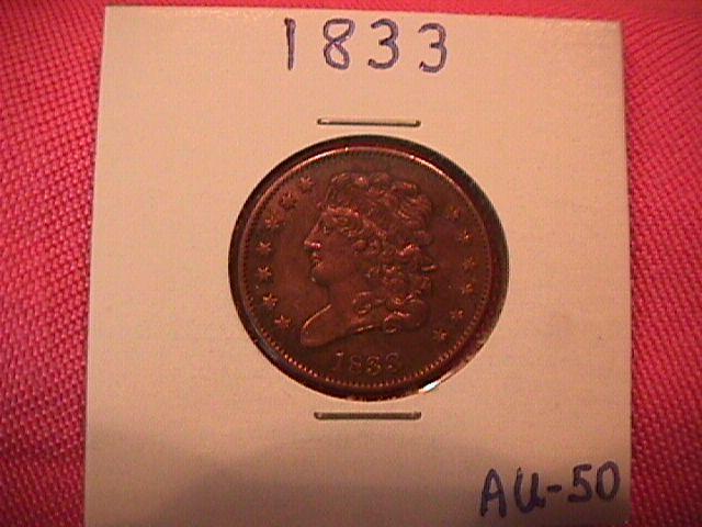 HALF CENT COPPER COIN Classic Head-1833 AU-50 Condition