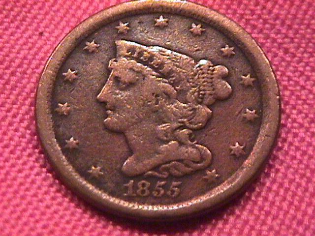 HALF CENT COPPER COIN BRAIDED HAIR-1855 VERY FINE-30 Condition