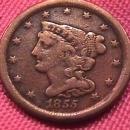 HALF CENT COPPER COIN BRAIDED HAIR-1855 VERY FINE-30 Condition